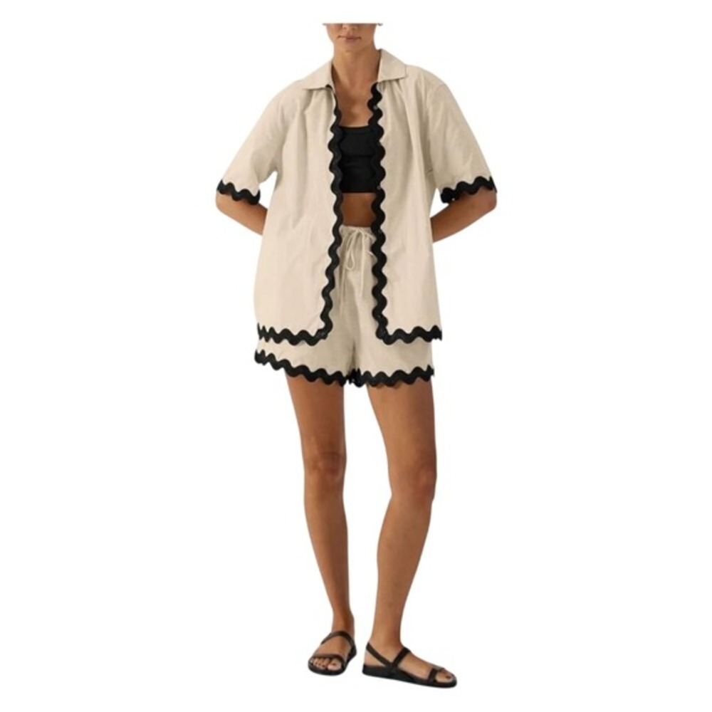 Shiyifa 2-Piece Scalloped Set  Women's‎ M  Cream & Black Rayon Short Outfit  NWT